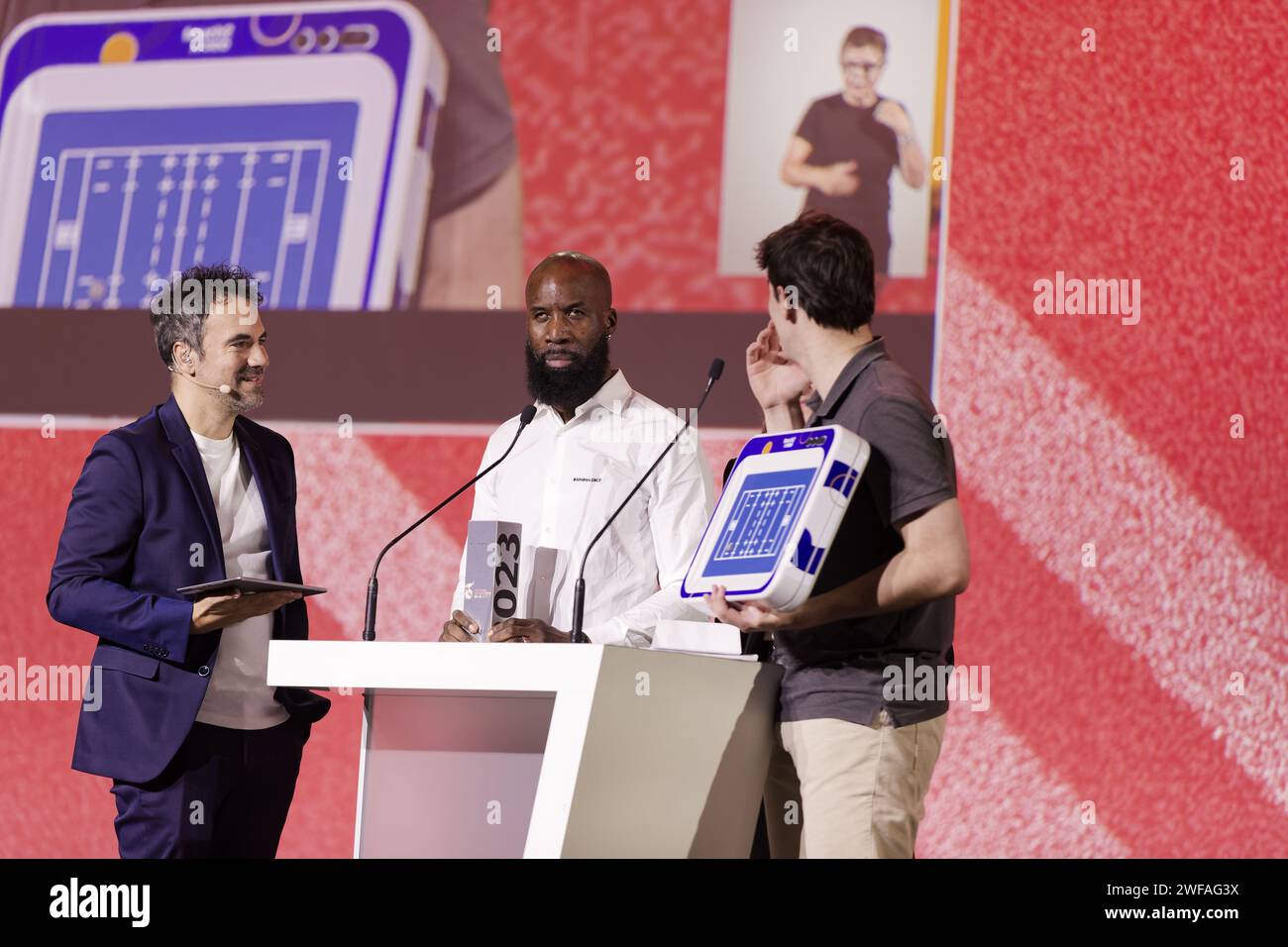 Paris, France. 26th Nov, 2023.  Kendji Girac performs on stage at the 18th edition of the Trophees APAJH at the Carrousel du Louvre in Paris, France Stock Photo