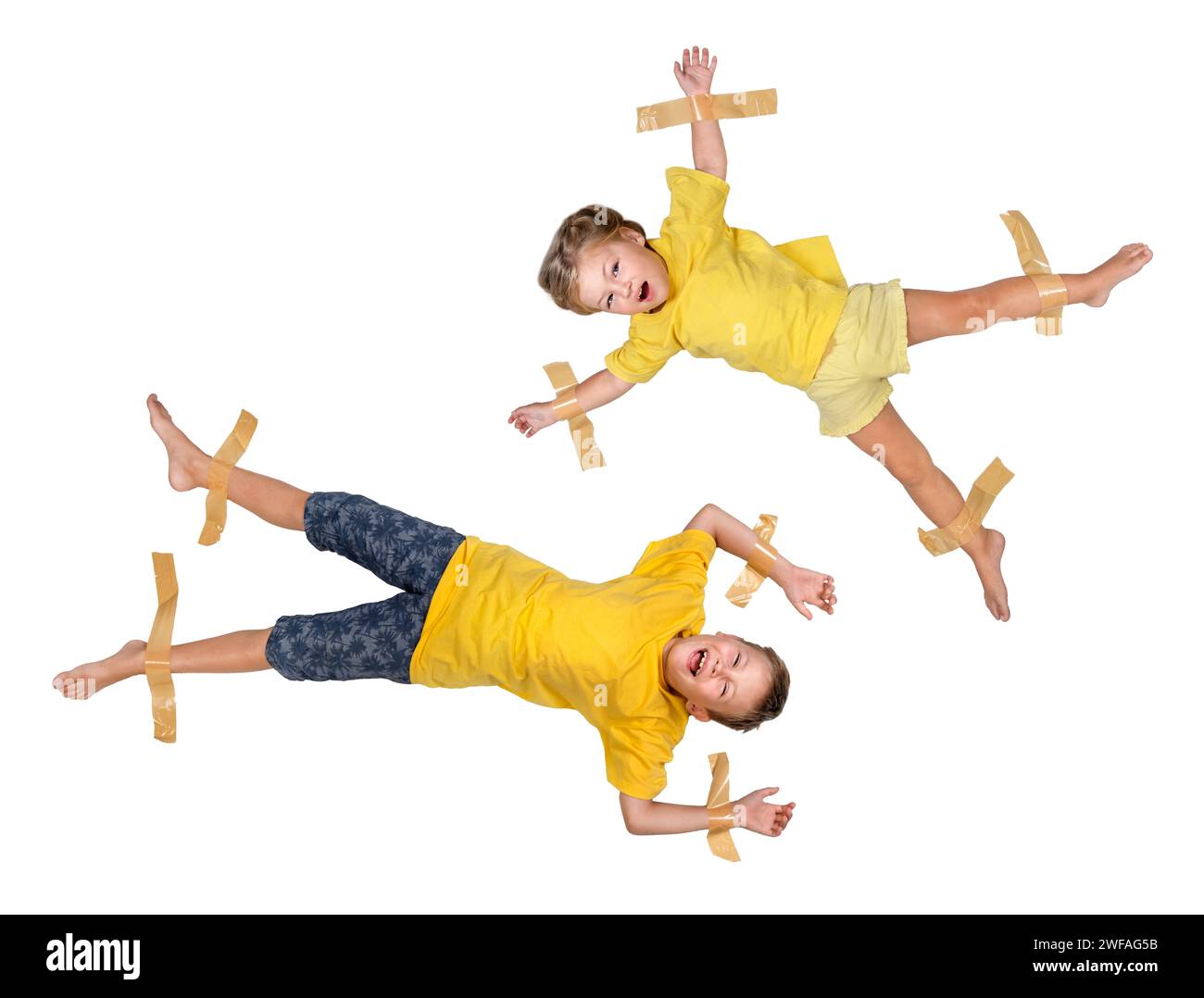 Children taped with duct tape isolated on white background Stock Photo