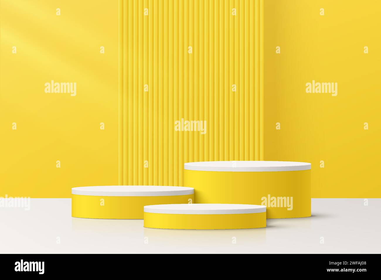 Abstract 3D yellow room with set of realistic white and yellow cylinder ...