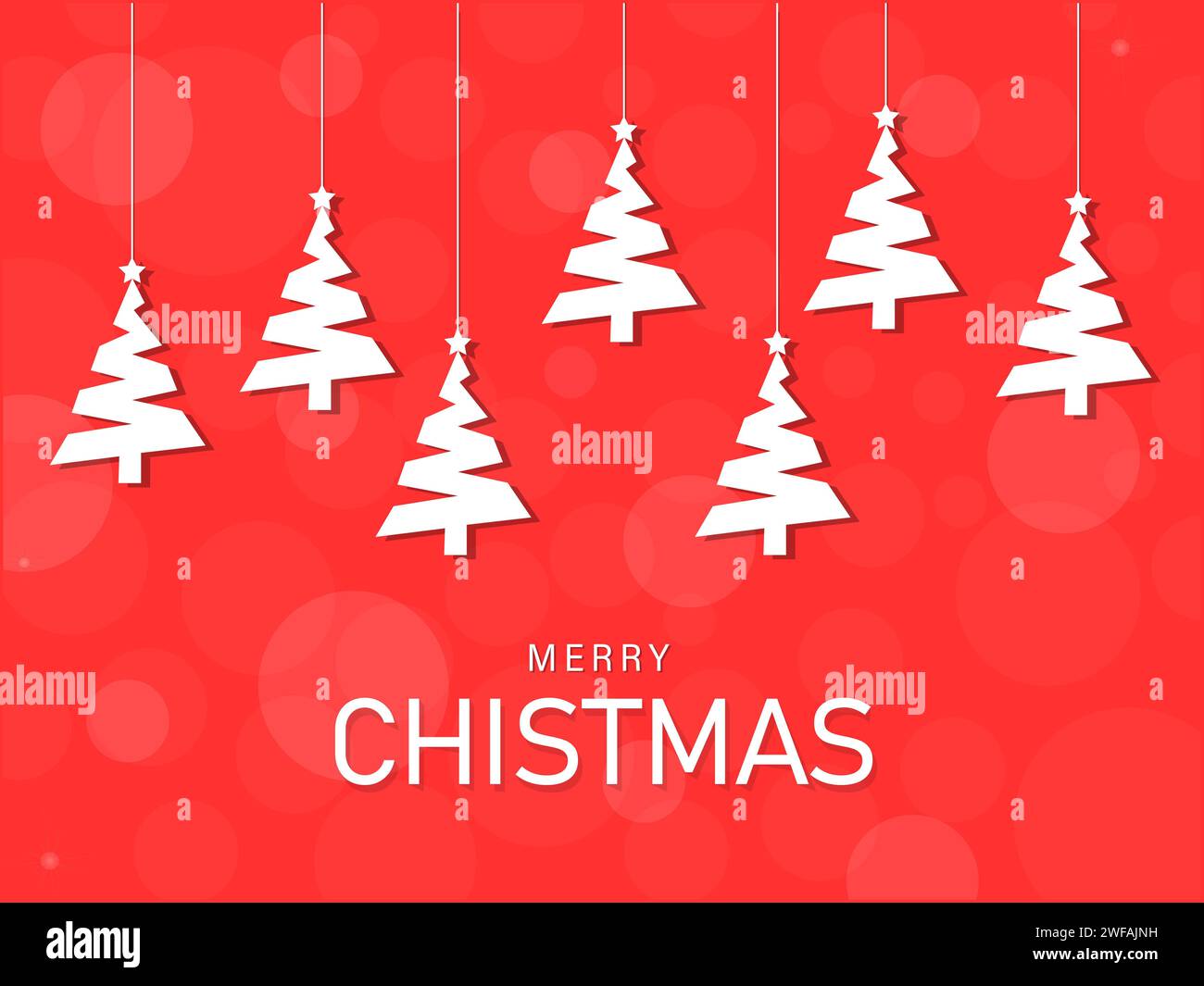White Christmas trees hanging over a red background with festive greetings Stock Photo