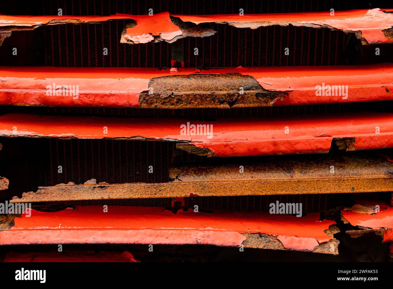 Rusty red lorry radiator, abandoned herring factory Djúpavík ...