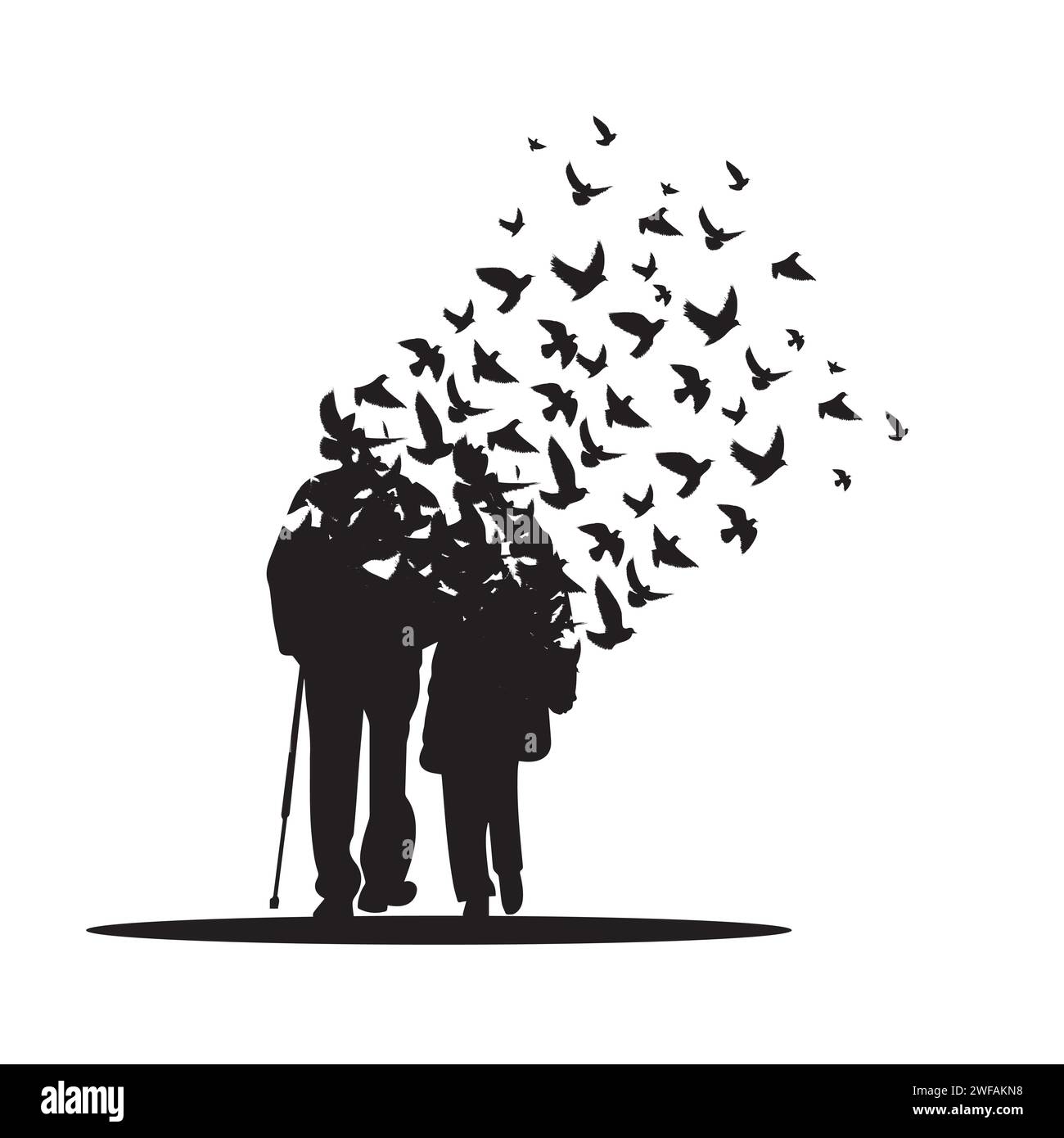 Old couple with birds silhouettes Stock Vector