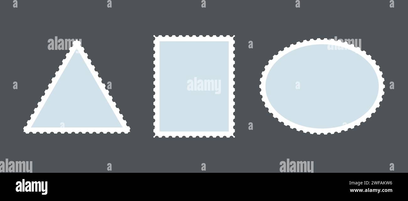 Light blue postage stamp set. Post stamp frames or borders. Round, rectangular, triangle template for mail, postcard, letter. Vintage jagged wavy edge form or object for banner, badge, sticker. Vector Stock Vector