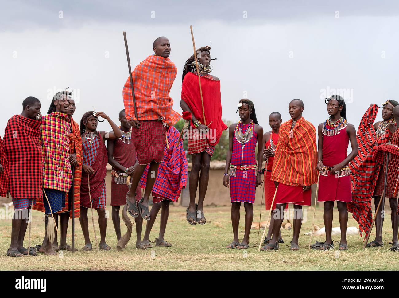 Maasai people preforming the traditional jumping dance in a Maasai village in Maasai Mara, Kenya Stock Photo