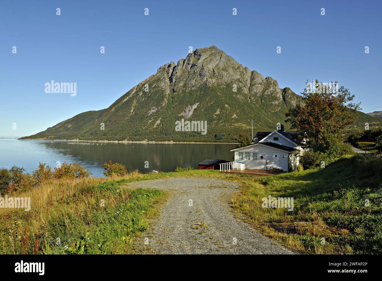 House at Lia on the Aldra Sound, with the peak of Okstind behind, north-west Norway Stock Photo