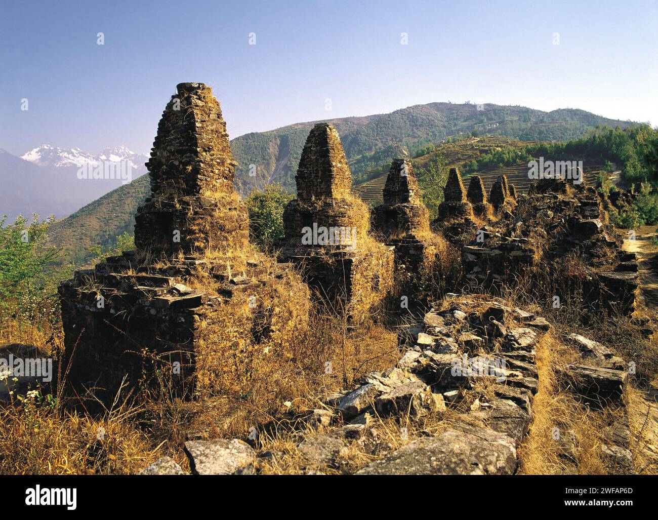 Buddhist chortens at an ancient cemetery near Gul Bhanjyang in the Helambu region of central Nepal Stock Photo