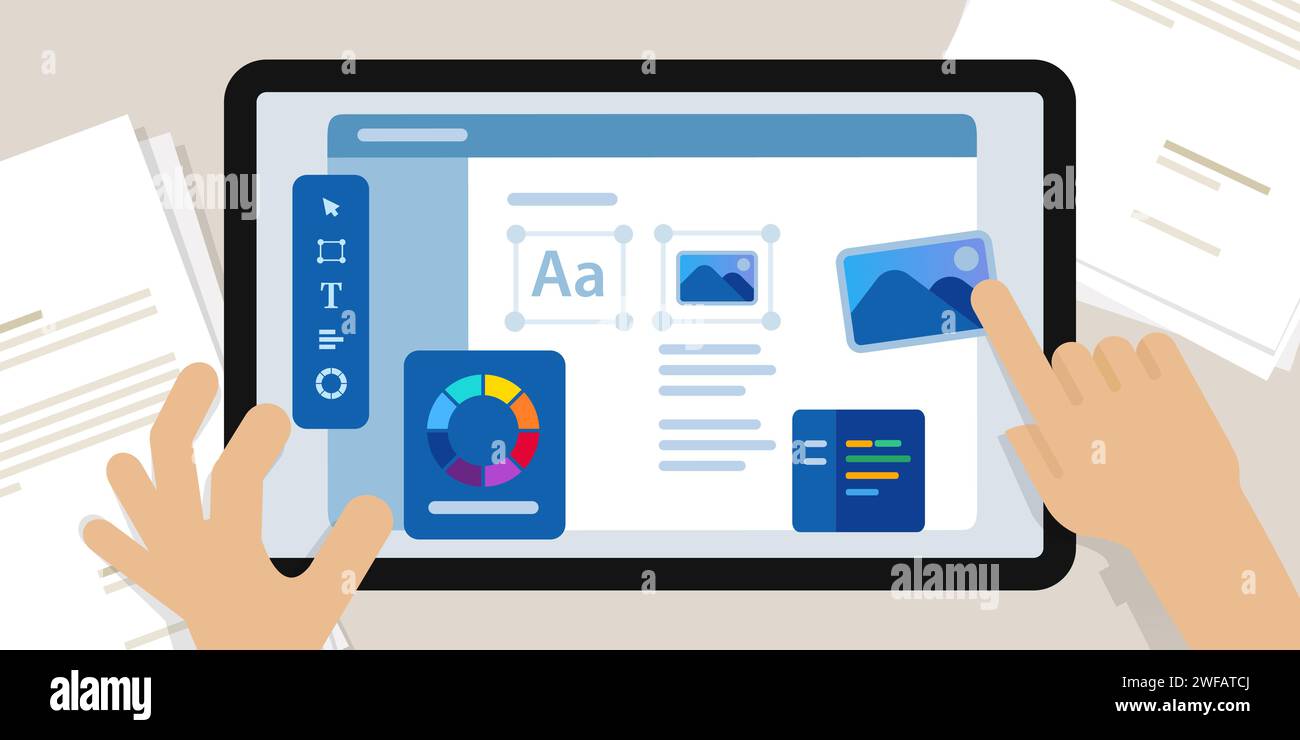 web design website designer working on large screen create interface layout using software Stock Vector
