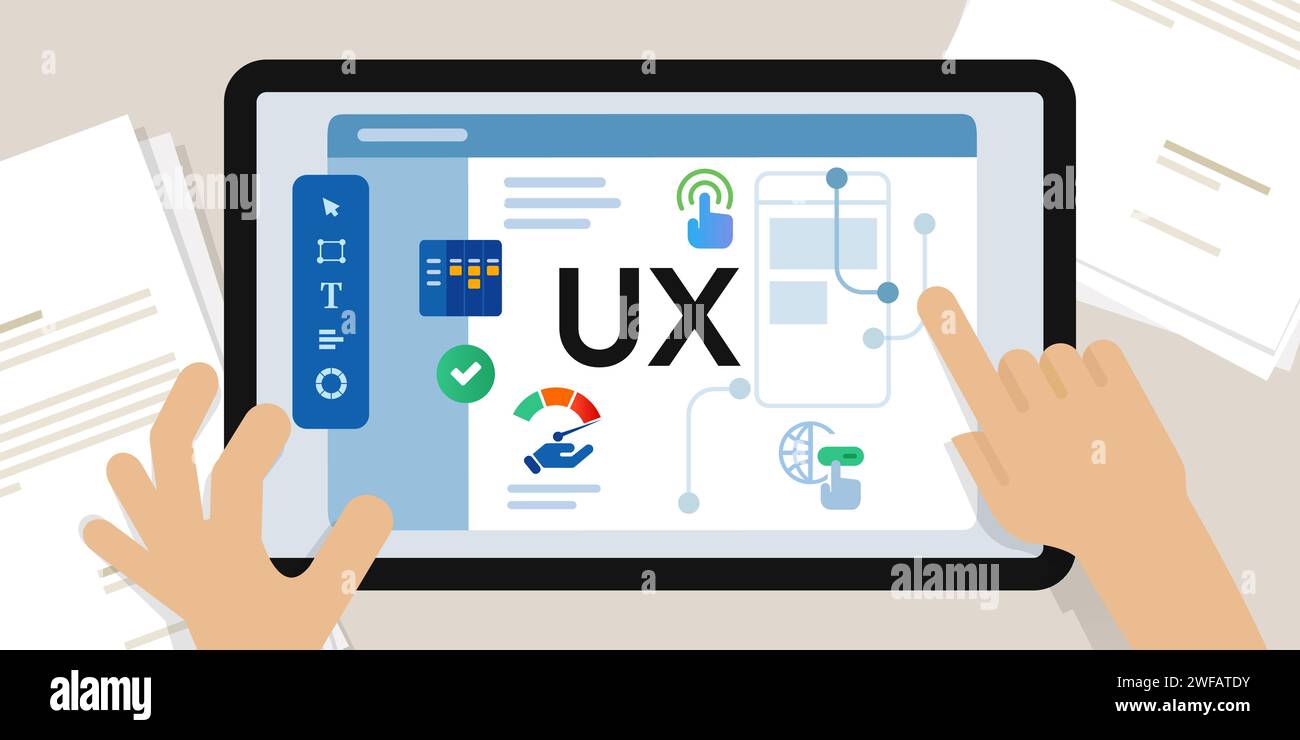 UX user experience design website interaction designer working on screen hands create interface layout using software Stock Vector