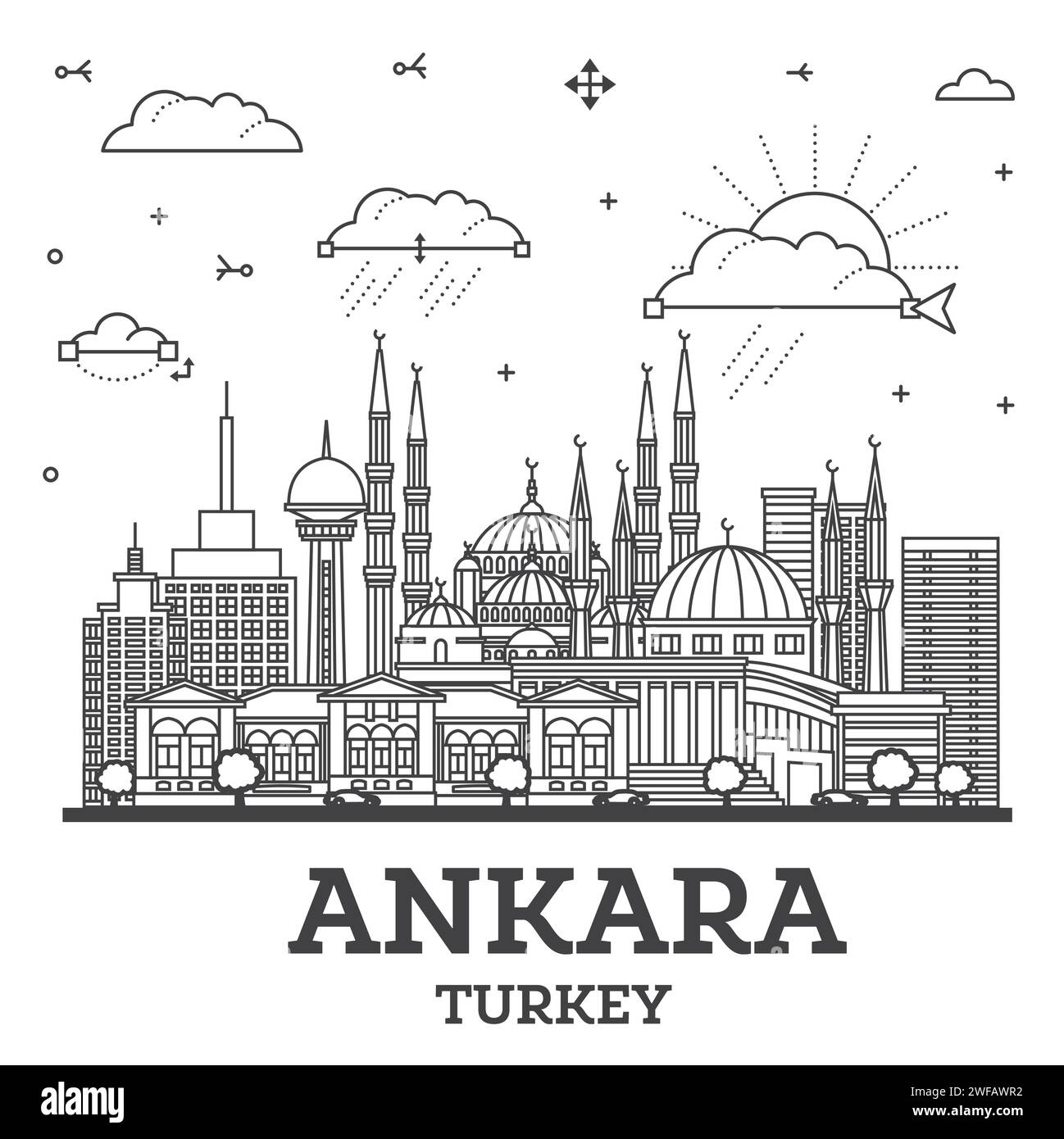 Outline Ankara Turkey City Skyline with Historic Buildings Isolated on White. Vector Illustration. Ankara Cityscape with Landmarks. Stock Vector