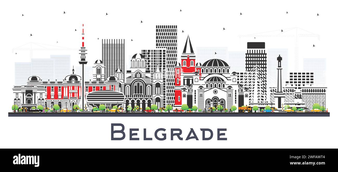 Belgrade Serbia City Skyline with Color Buildings Isolated on White. Vector Illustration. Belgrade Cityscape with Landmarks. Stock Vector