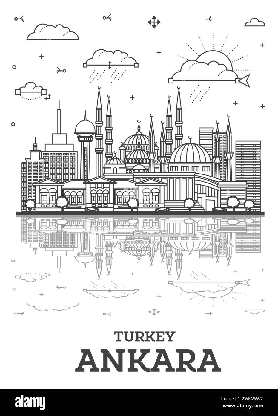 Outline Ankara Turkey City Skyline with Historic Buildings and Reflections Isolated on White. Vector Illustration. Ankara Cityscape with Landmarks. Stock Vector