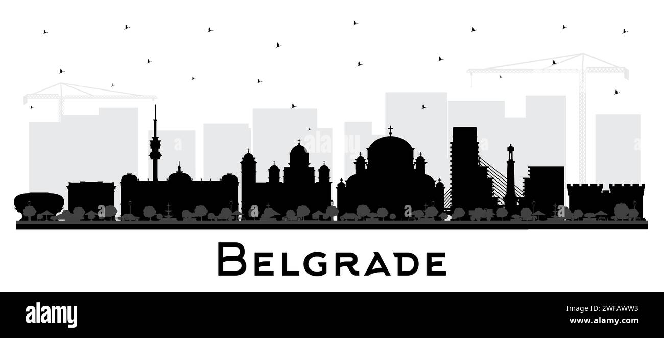 Belgrade Serbia City Skyline Silhouette with Black Buildings Isolated on White. Vector Illustration. Belgrade Cityscape with Landmarks. Stock Vector