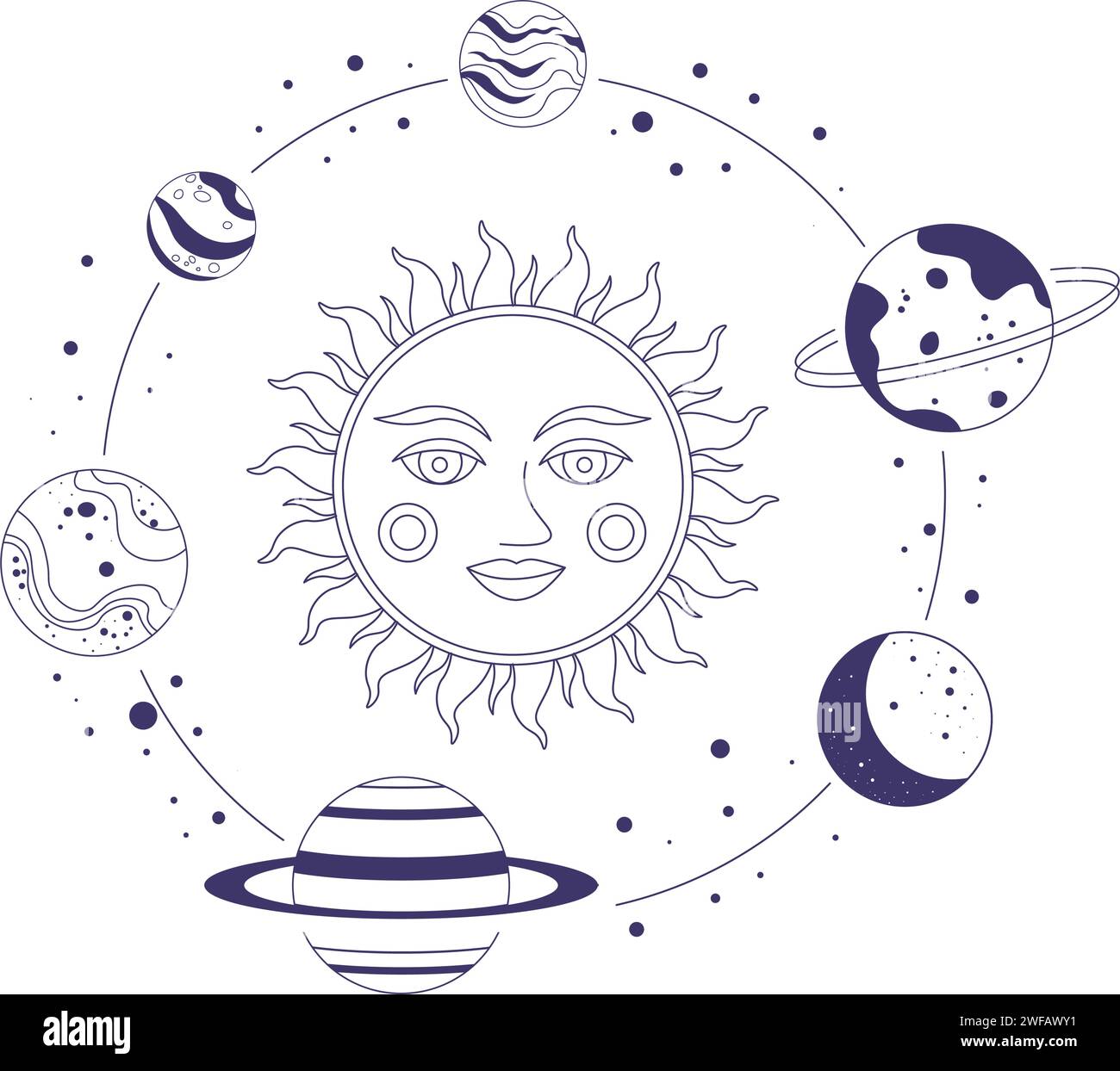 Sun and planets on orbits, magic and mystic signs Stock Vector
