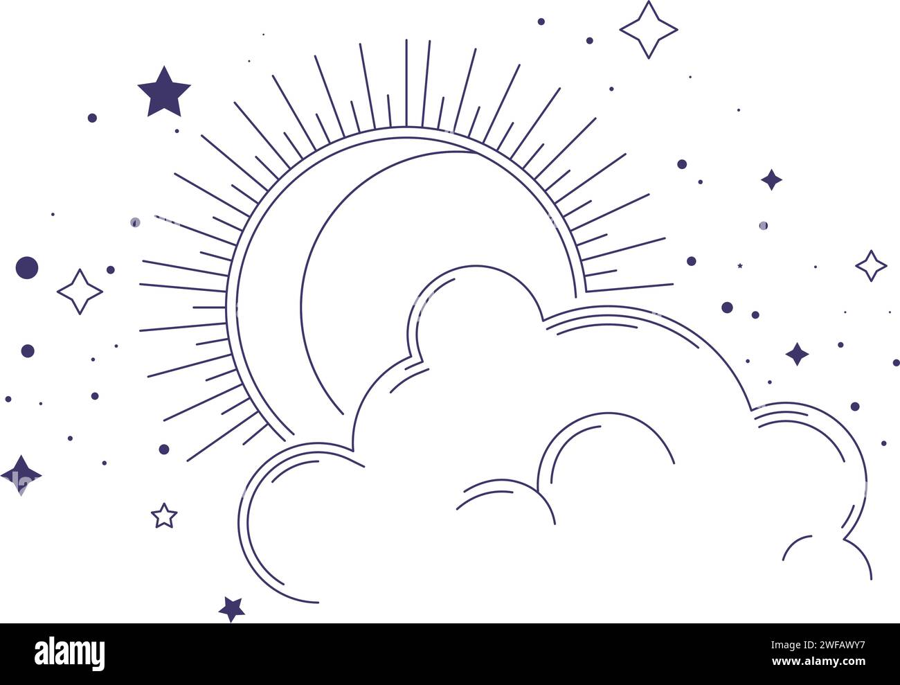 Mystical clouds and stars, sun with rays vector Stock Vector