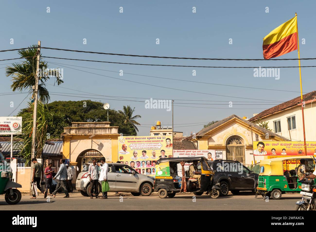 Belur, Karnataka, India - January 9 2023: Traffic on a crowded street in the historic tourist town of Belur. Stock Photo