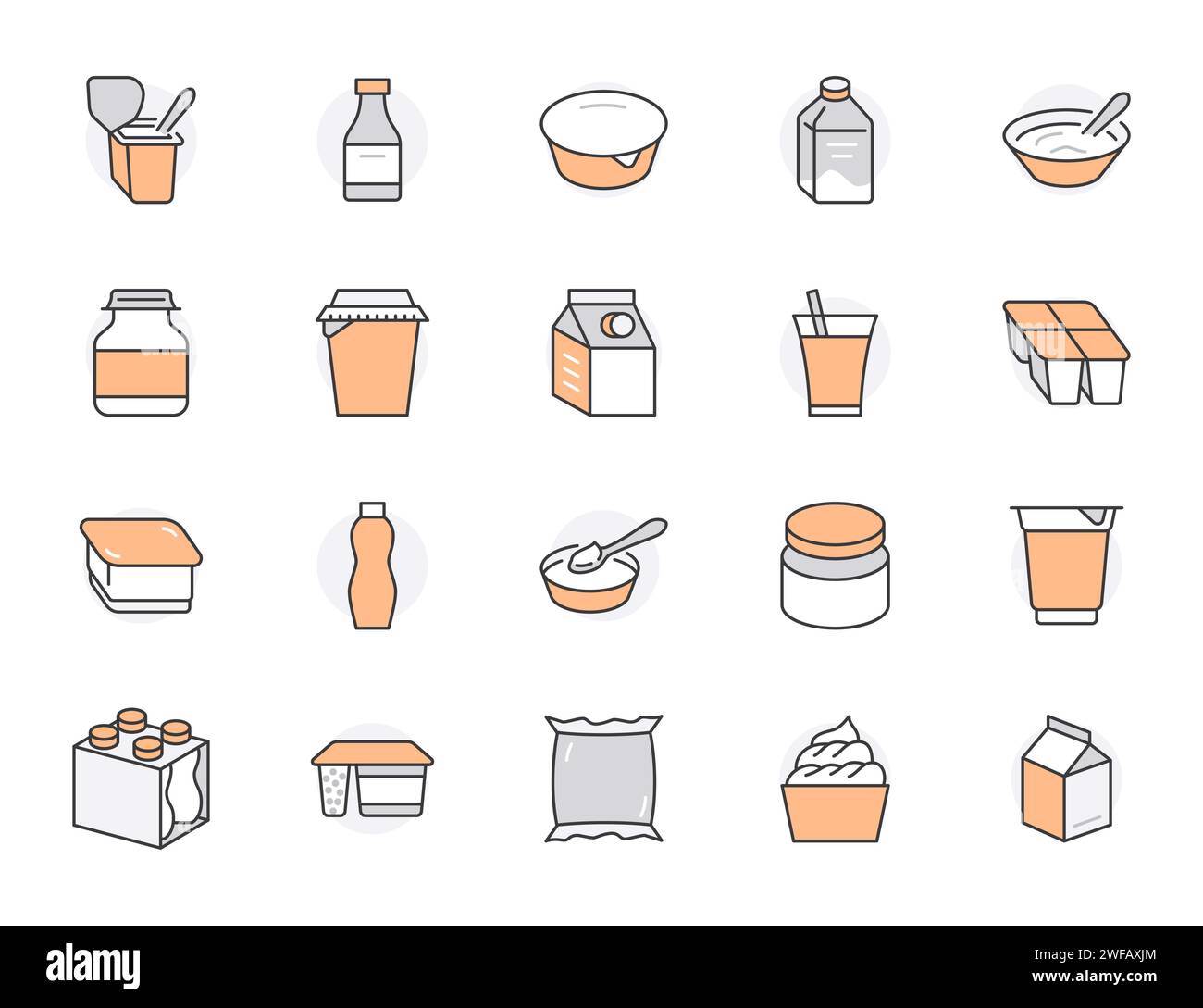 Yogurt packaging flat line icons. Dairy products - milk bottle, cream ...