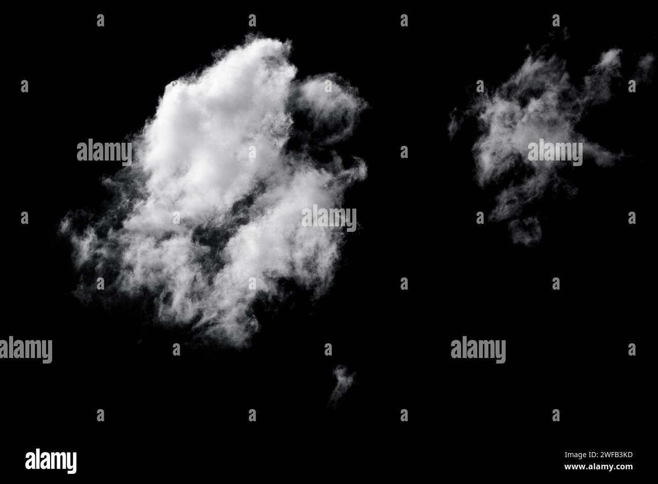White light clouds isolated on black background. Climate, metrology, design element Stock Photo