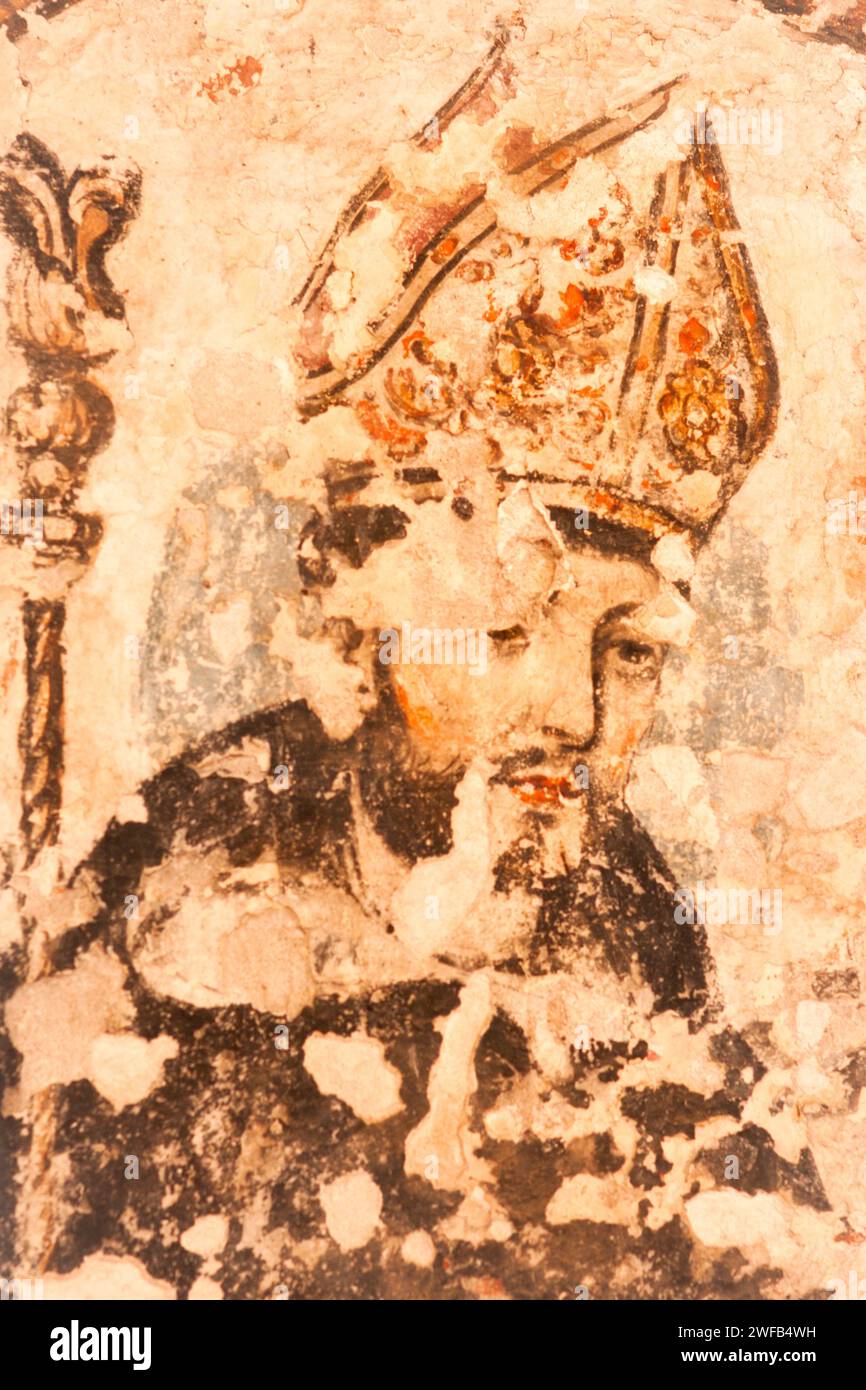 Faded 16th century mural inside the Ex-Convento Dominicano monastery and unfinished church from 1560, Cuilapan, Valles Centrales, Oaxaca, Mexico Stock Photo