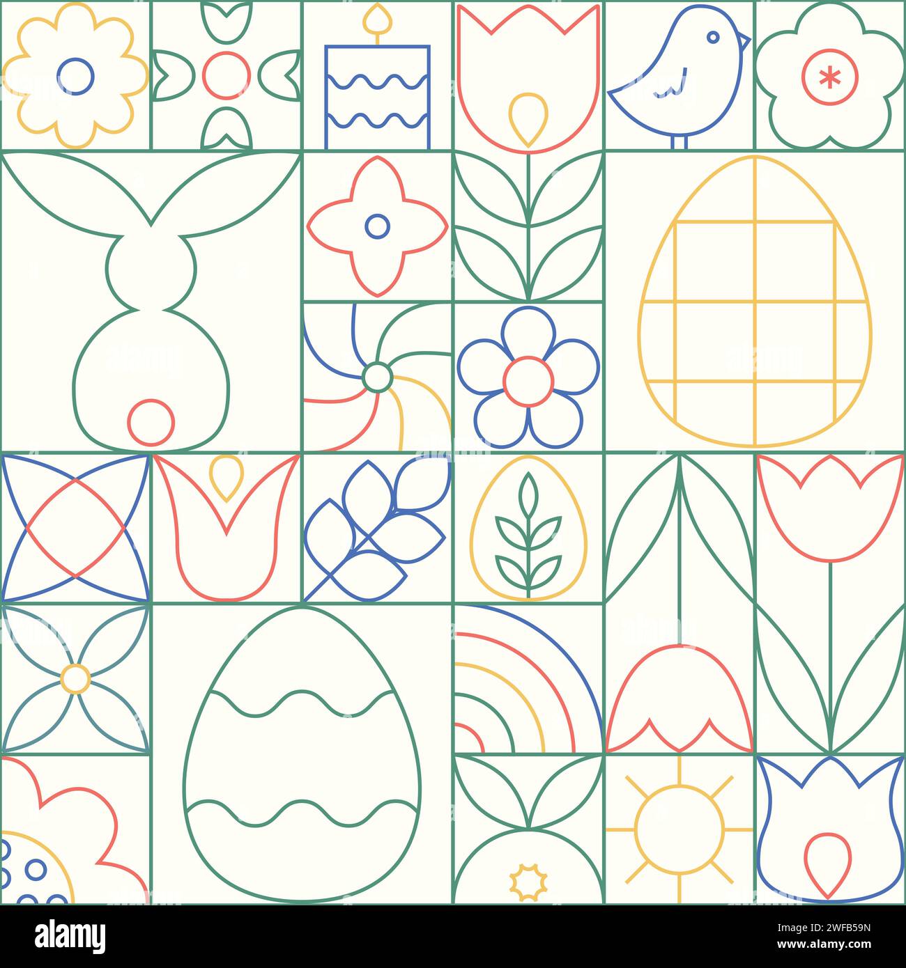 Abstract line easter geometric seamless pattern. Outline simple vector background with bunny, easter eggs, spring flowers, tilip, chick. Stock Vector