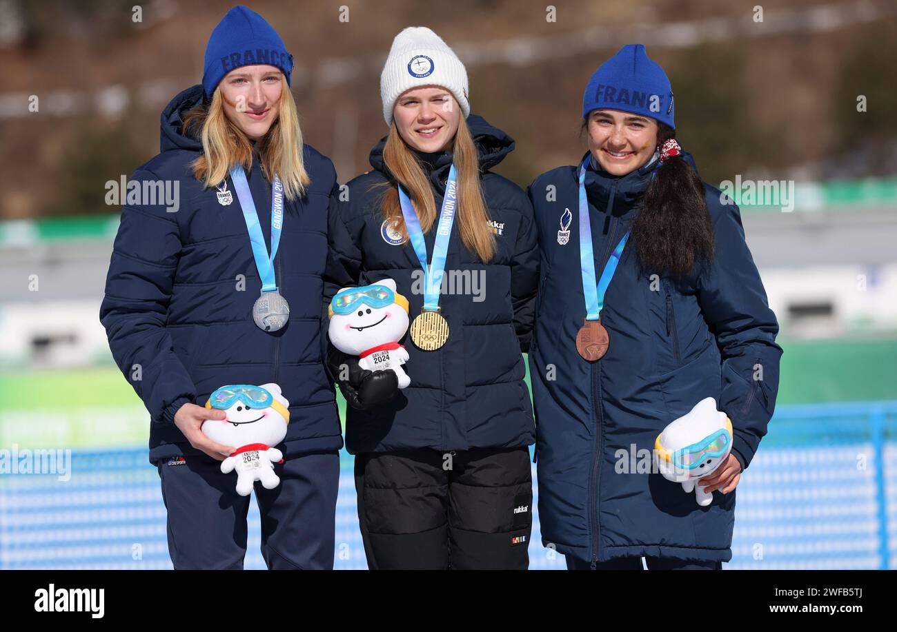 Pyeongchang, South Korea. 30th Jan, 2024. Gold medalist Nelli-Lotta Karppelin (C) of Finland, silver medalist Agathe Margreither (L) of France and bronze medalist Annette Coupat of France pose for photos during the victory ceremony for the Women's 7.5km Classic of Cross-Country Skiing event at the Gangwon 2024 Winter Youth Olympic Games in Pyeongchang, South Korea, Jan. 30, 2024. Credit: Hu Huhu/Xinhua/Alamy Live News Stock Photo