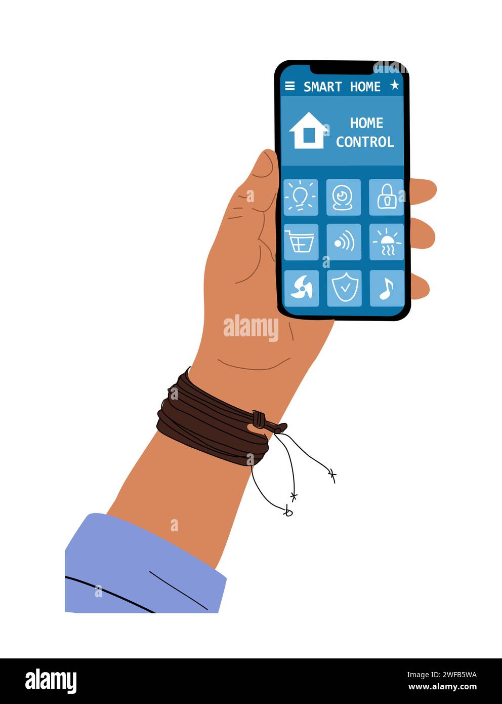 Smart home application on hand holding smartphone Stock Vector