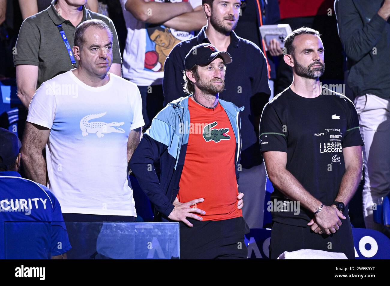 Coach of Daniil Medvedev Gilles Cervara Gaetan Baudet and Eric Hernandez during the Australian Open AO 2024 men's final Grand Slam tennis tournament on January 28, 2024 at Melbourne Park in Australia. Photo Victor Joly / DPPI Stock Photo