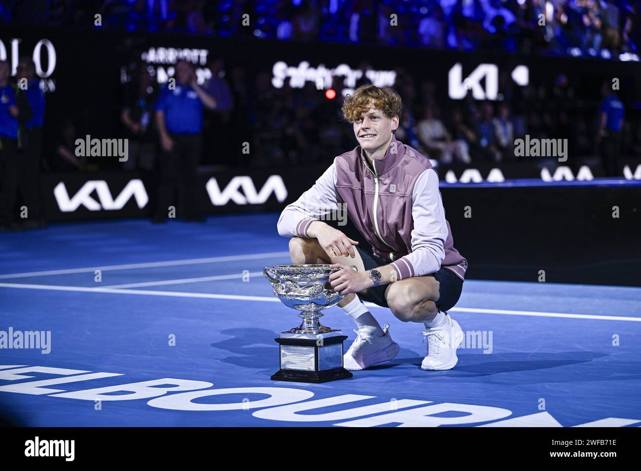 Jannik Sinner of Italy with the Norman Brookes cup trophy during the Australian Open AO 2024 men's final Grand Slam tennis tournament on January 28, 2024 at Melbourne Park in Australia. Photo Victor Joly / DPPI Stock Photo