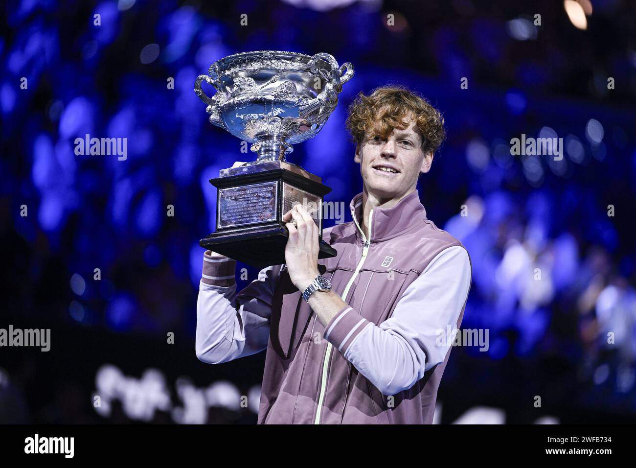 Jannik Sinner of Italy with the Norman Brookes cup trophy during the Australian Open AO 2024 men's final Grand Slam tennis tournament on January 28, 2024 at Melbourne Park in Australia. Photo Victor Joly / DPPI Stock Photo