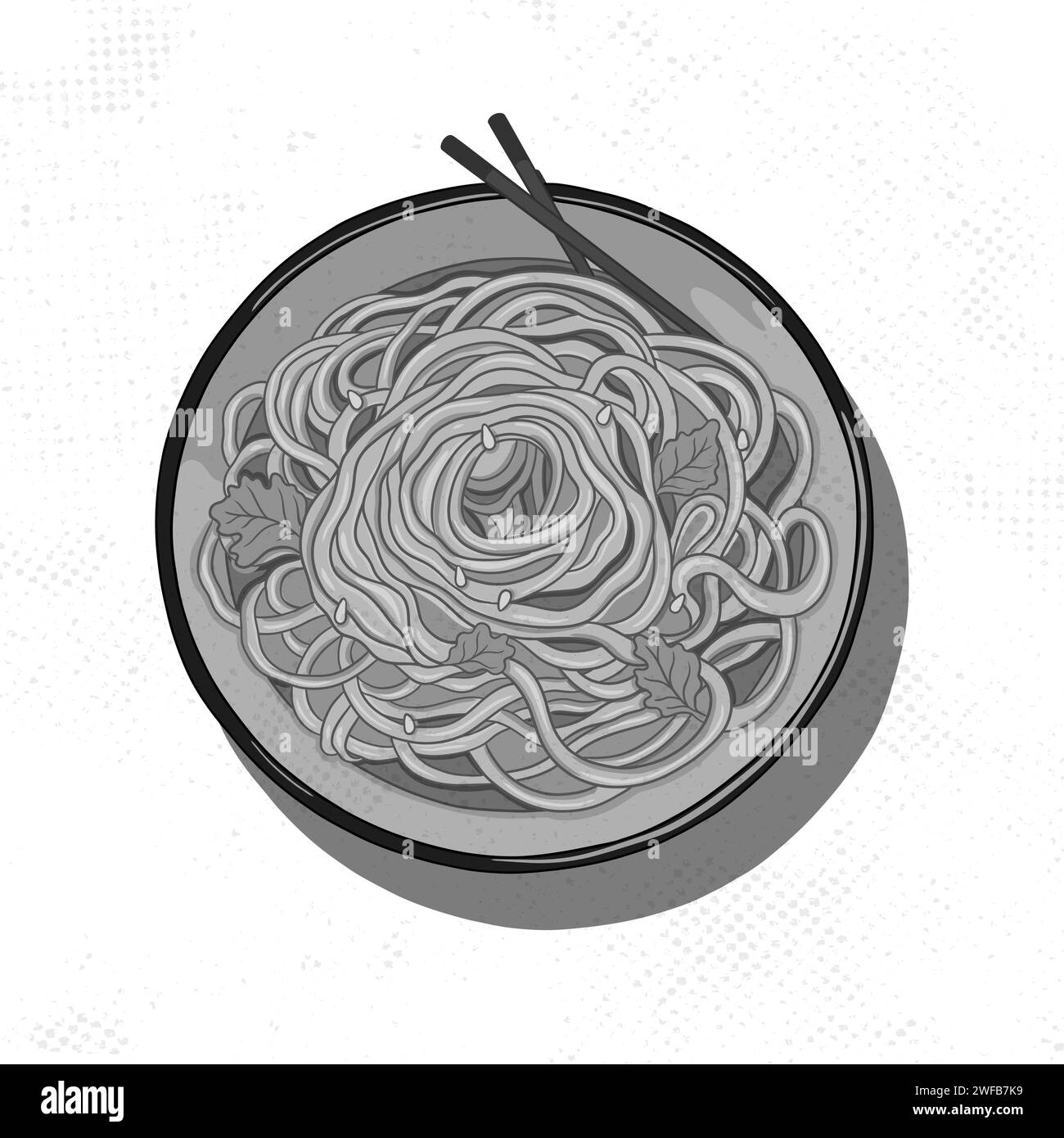 Chinese noodles in a plate with chopsticks. Cooked noodles with green leaves top view. Illustration in outline style suitable for a cafe menu. Stock Vector