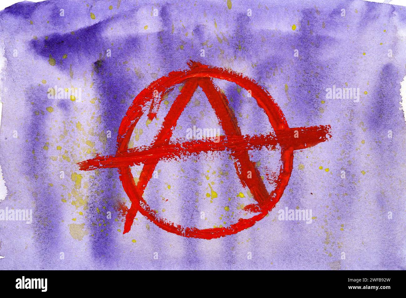 Striking red anarchist emblem painted over a starlike watercolor backdrop Stock Photo