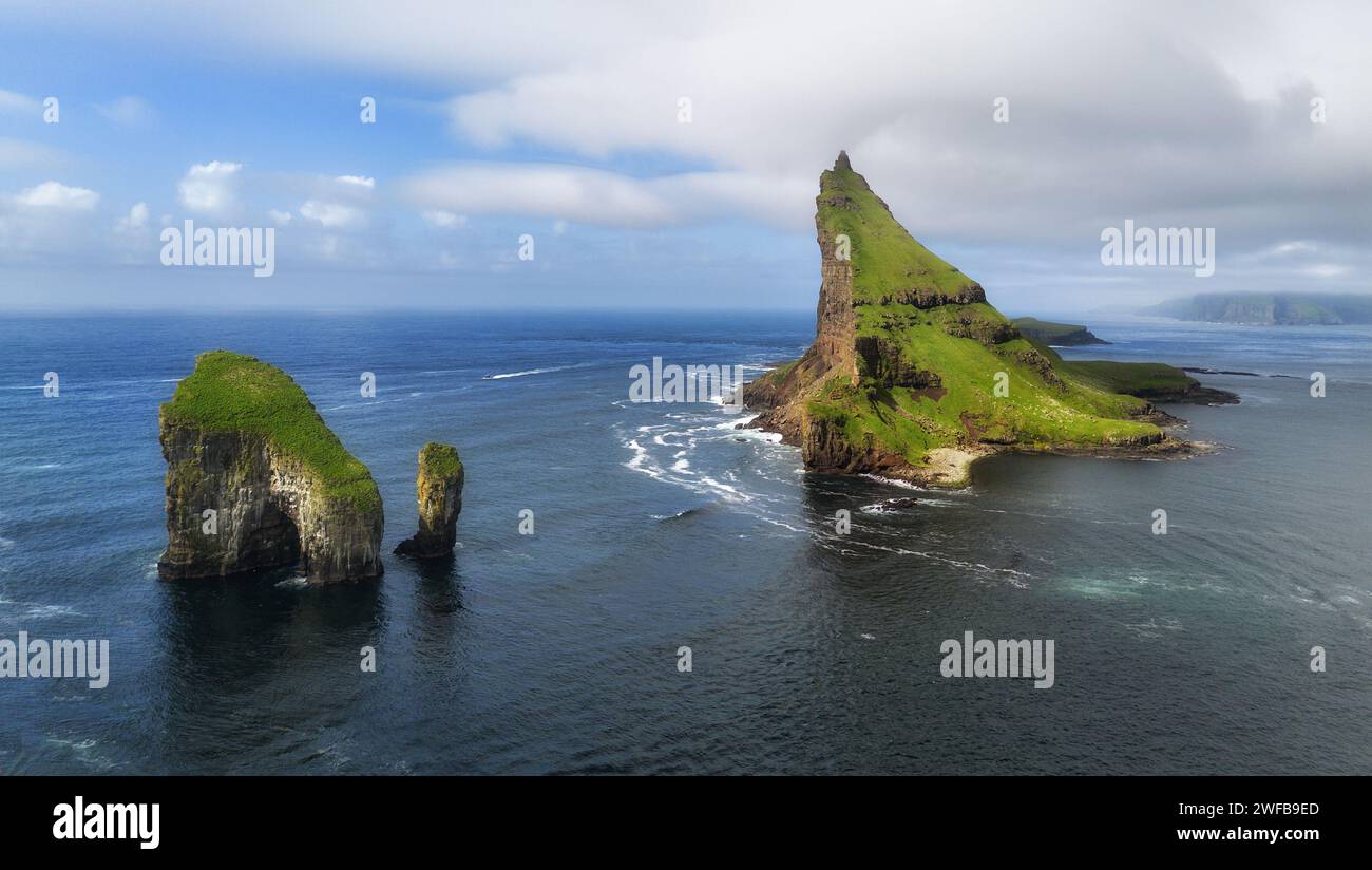 Faroe Islands Vagar Aerial Drone View Of Tindholmur Island During Faroe Islands Vagar Aerial Drone View Of Tindholmur Island During