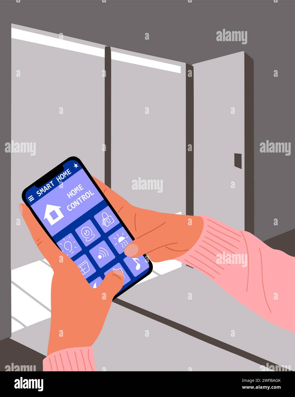 Hand with Smart home app on phone, interior scene. Stock Vector