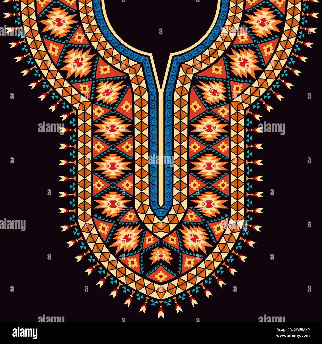 The vibrant neck design in an ethnic native American style features Navajo motifs and geometric patterns. Stock Vector
