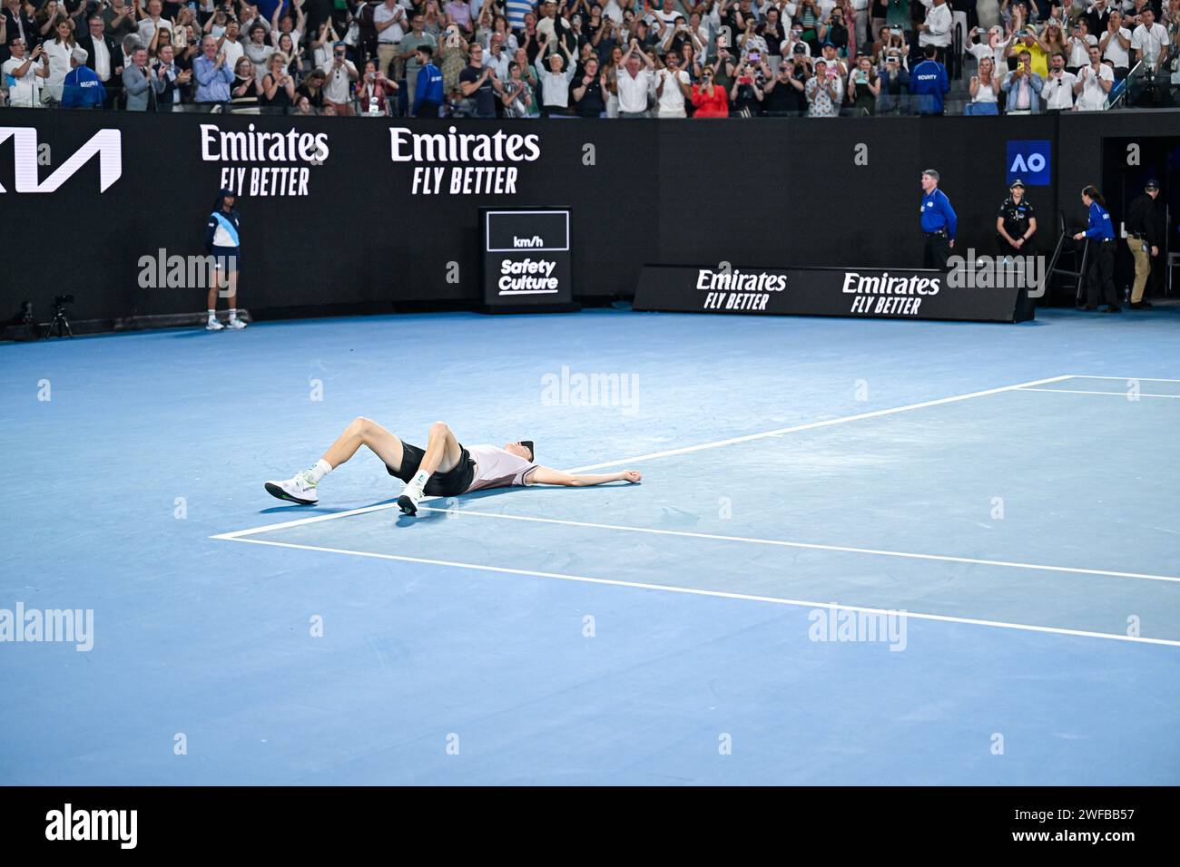 Paris, France. 28th Jan, 2024. Jannik Sinner of Italy wins over Daniil