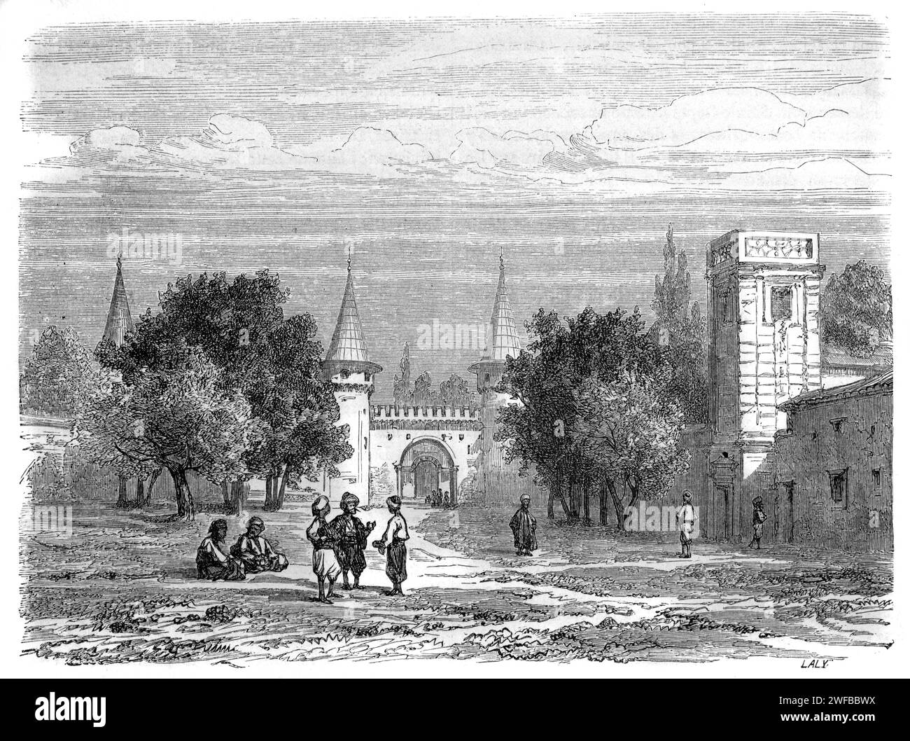 Main Entrance Gate of Salutation to Topkapi Palace Museum or Seraglio Istanbul Turkey. Vintage or Historical Engraving or Illustration 1863 Stock Photo