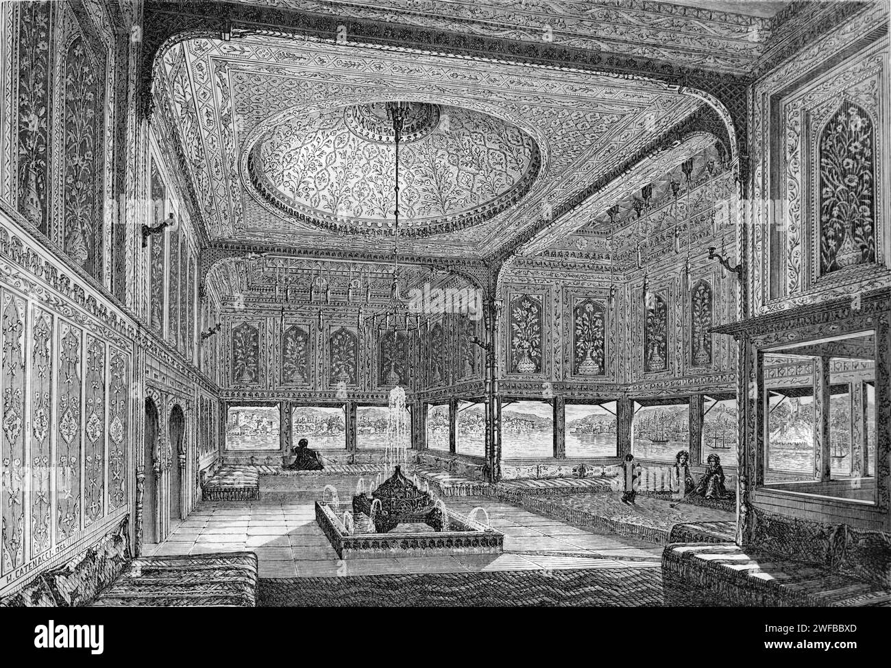 Interior of Kiosk overlooking the Bosphorus or Golden Horn in the Topkapi Palace Istanbul Turkey. Vintage or Historic Enbraving of Illustration 1862. Stock Photo