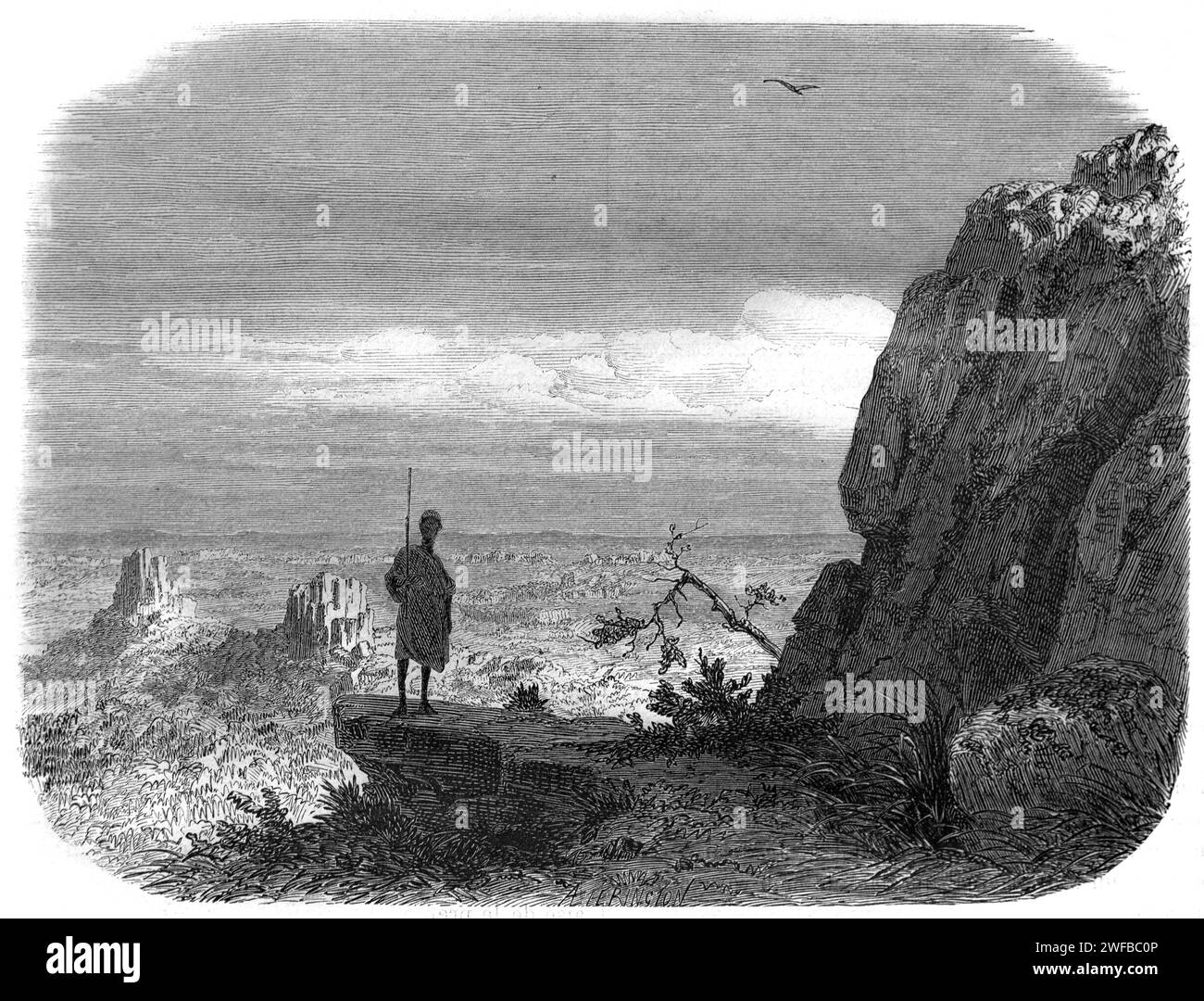 Landscape View over Darfur from the Summit of Abu Senoun on the border between Kordofan and Darfur Sudan Africa. Vintage or Historical Engraving or Illustration 1863 Stock Photo