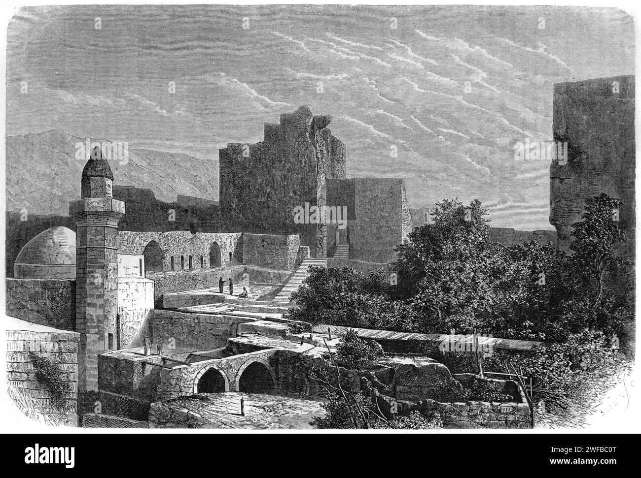 c12th Crusader Castle or Byblos Castle, aka the Castle of Gibelet or Giblet  Fort or Fortress, Byblos Lebanon. Vintage or Historic Engraving or Illustration 1863 Stock Photo