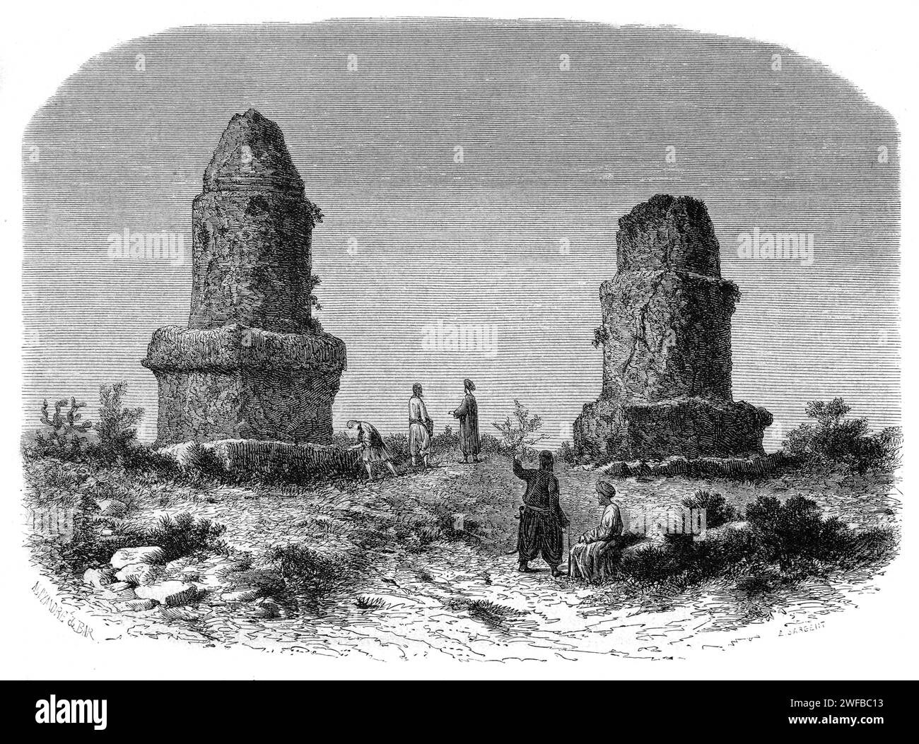 The Al Maghazil Burial Towers, known as The Spindles,  in the Amrit Necropolis, or c4th BC Phoenician Monuments, Amrit, or in Classical Times Marathus, near Tartus Syria. Vintage or Historic Engraving or Illustration 1863 Stock Photo
