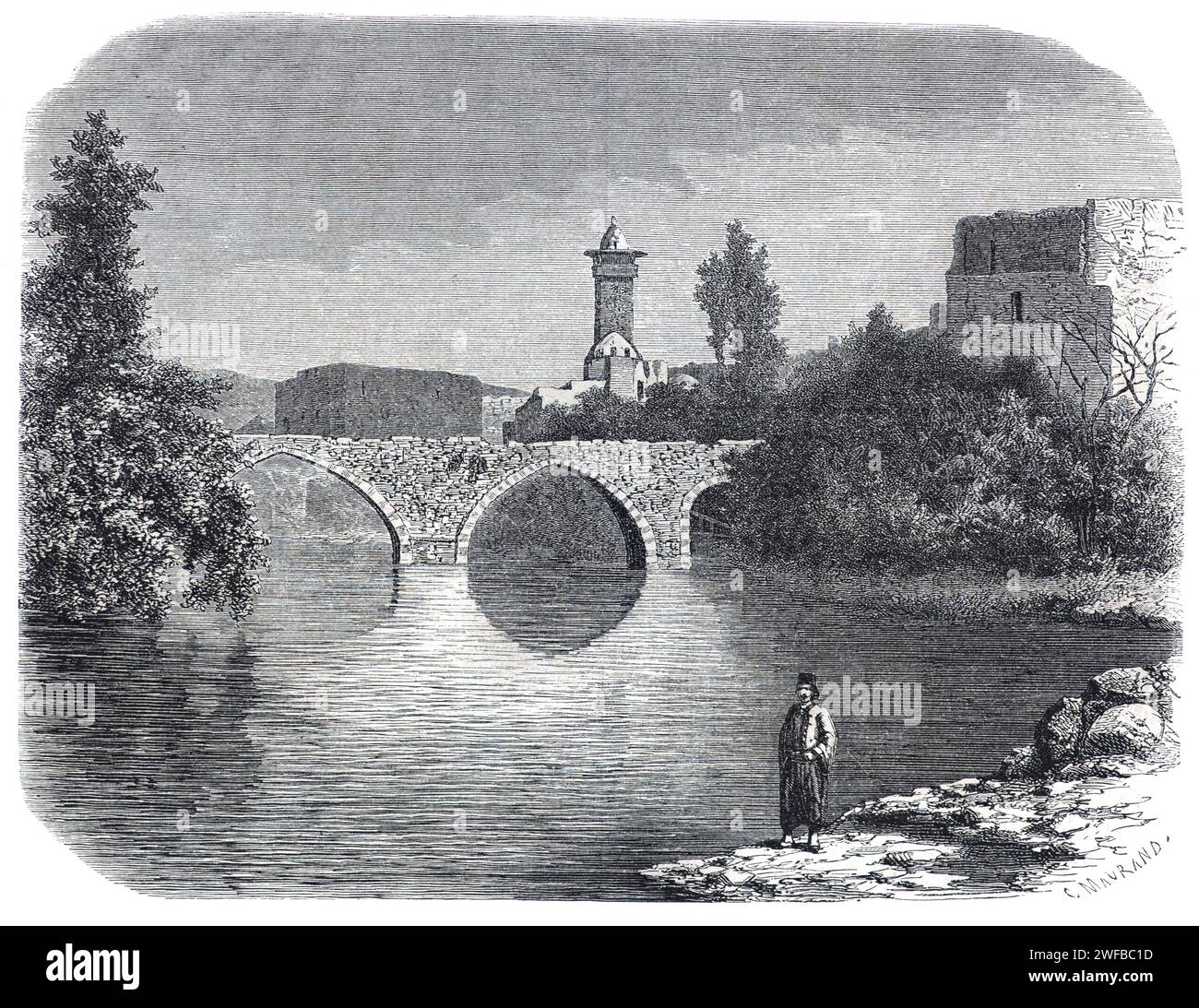 Historic Bridge over the Orontes River at Hama Syria. Vintage or Historic Engraving or Illustration 1863 Stock Photo