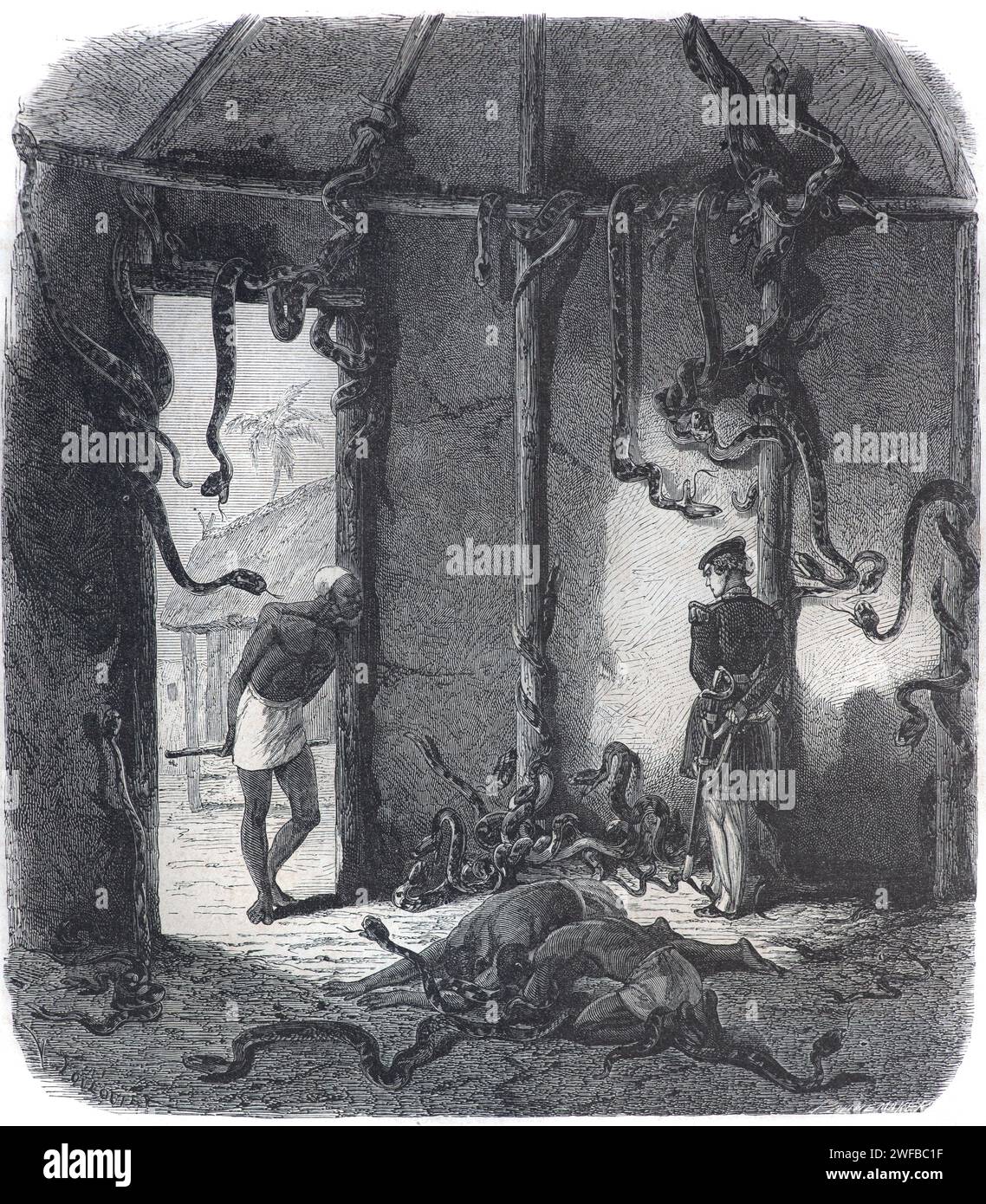 Interior of the Snake Temple, or Python Temple, in Ouidah or Whydah in the former Kingdom of Dahomey (1600-1904) now the Republic of Benin West Africa where Believers Worship a Snake Deity known as Dangbe or Danh-gbi. Oiudah is known as a main centre of West African Vodun or Voodoo. Vintage or Historical Engraving or Illustration 1863 Stock Photo