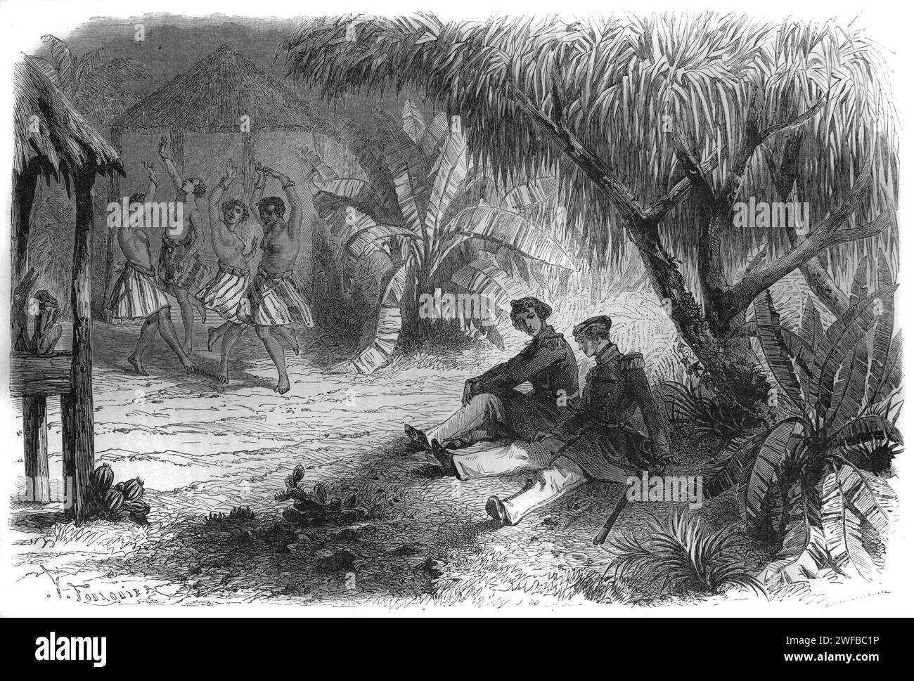 A Couple of French Soldiers or Colonials Watch Voodoo or Voudou Dancers, Believers in West Africa Vodon, in the Kingdom of Dahomey, now Benin, West Africa. Vintage or Historic Engraving or Illustration 1863 Stock Photo