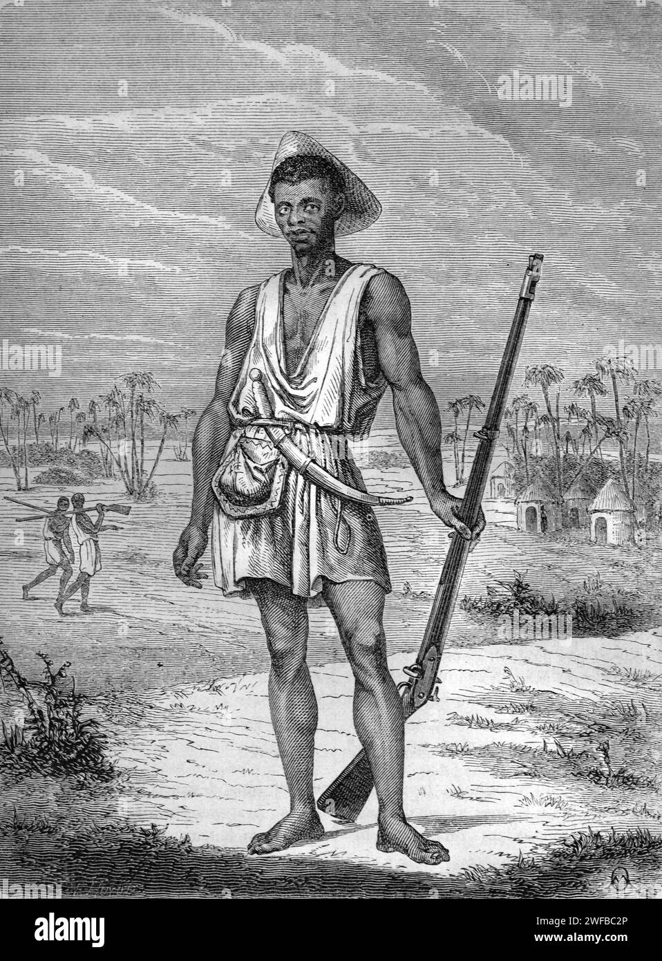 Dahomey Soldier Carrying Long-Barrel Rifle from the former Kingdom of Dahomey (1600-1904), now Benin, West Africa. Vintage or Historic Engraving or Illustration 1863 Stock Photo