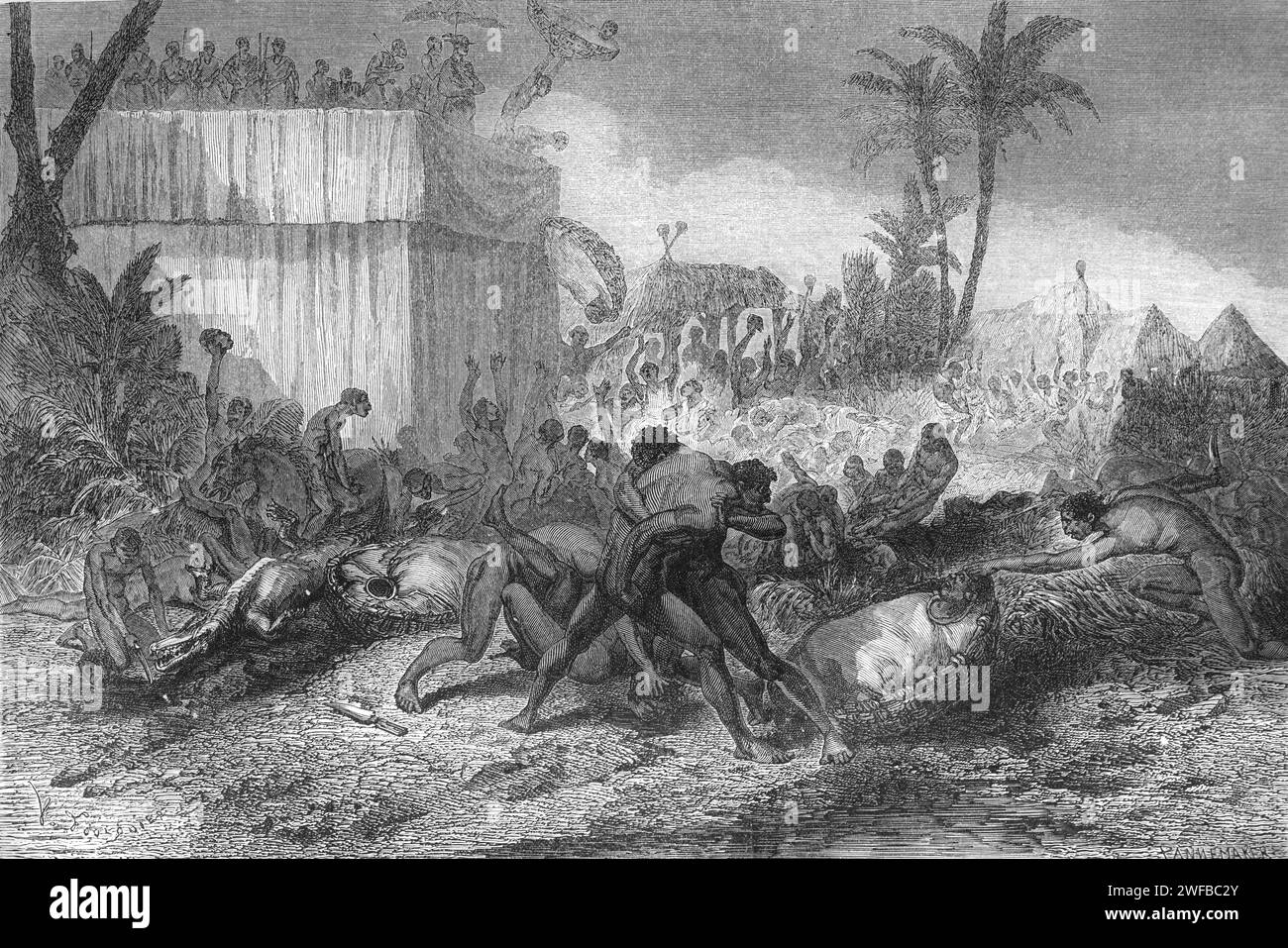 Fighting over Heads of Victims During Tribal Wars and Human Sacrifice and Killings in Kingdom of Dahomey (1600-1904), now Benin, West Africa. Vintage or Historic Engraving or Illustration 1863 Stock Photo
