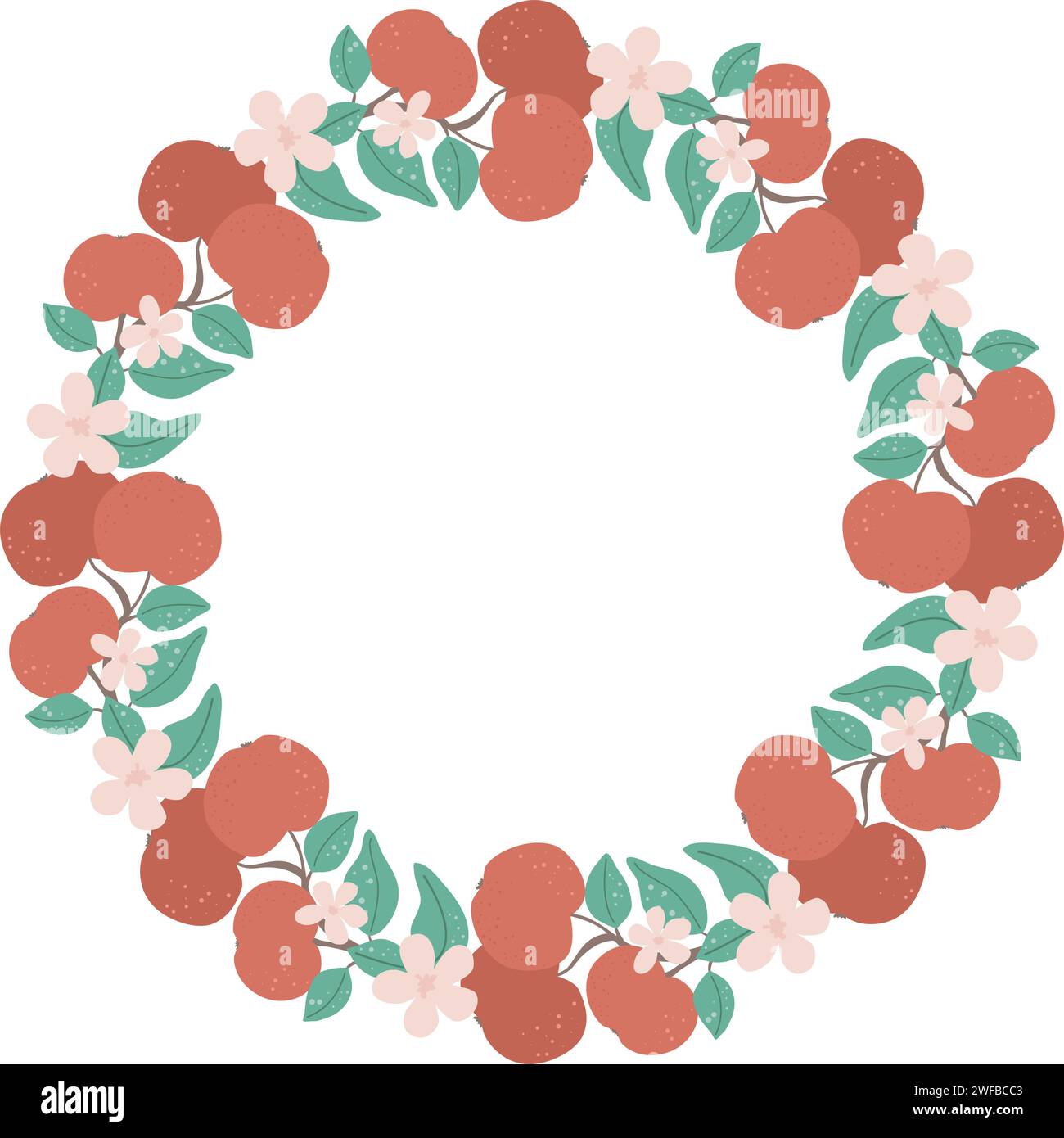 Flowering branches with apples round frame. Circular rim with ripe fruits, flowers and leaves. Fruit ornament with copy space, vector illustration Stock Vector