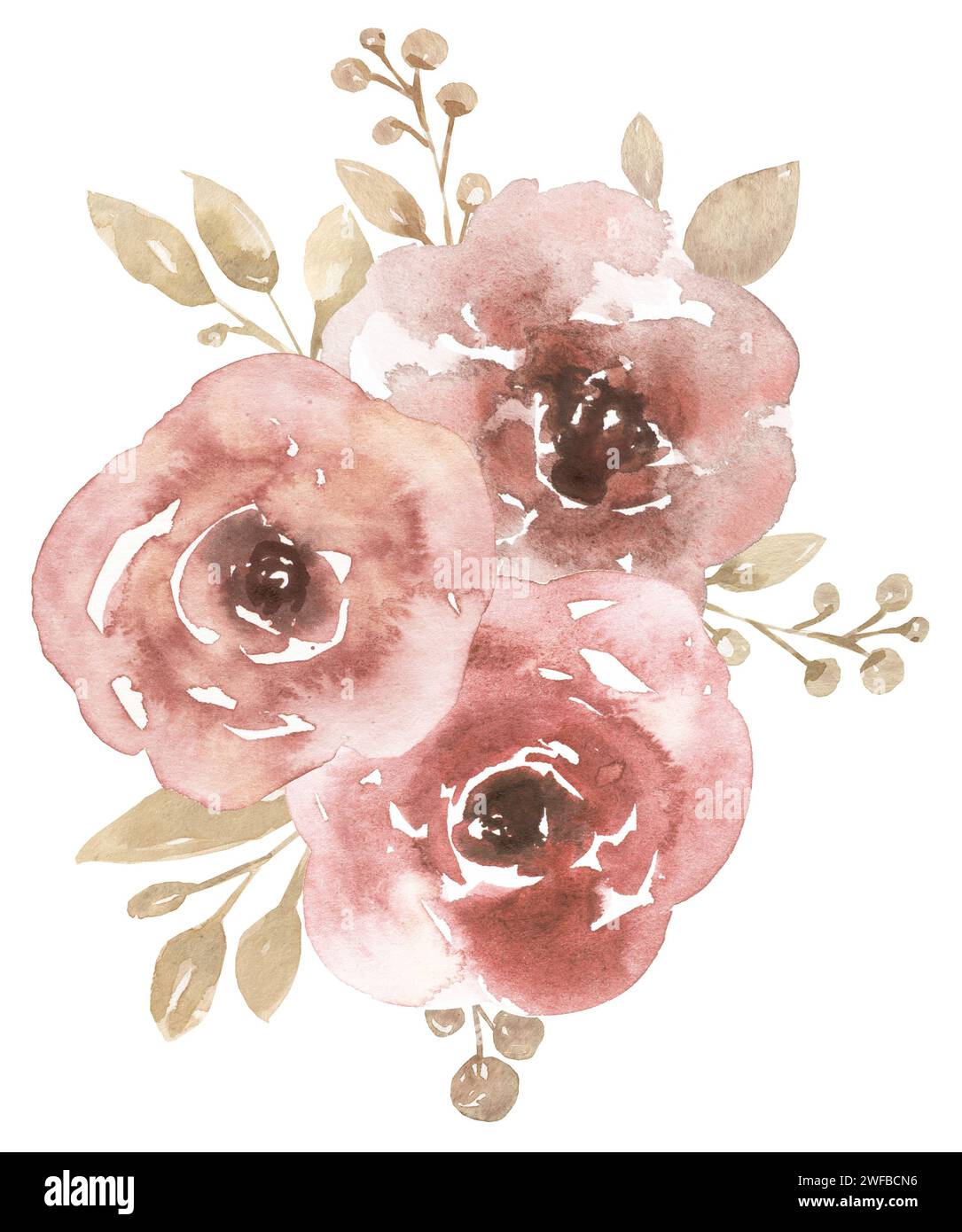 Watercolor pink peony flowrs bouquet illustration, delicate roses ...