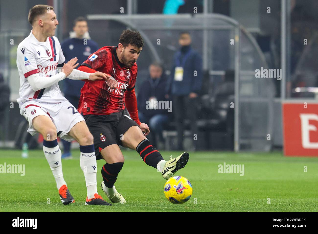 January 27 Milan - Italy - Milan vs Bologna Italian Championship 2023/2024 - G. Meazza Stadium - In the picture: Theo Hernandez AC milan Stock Photo