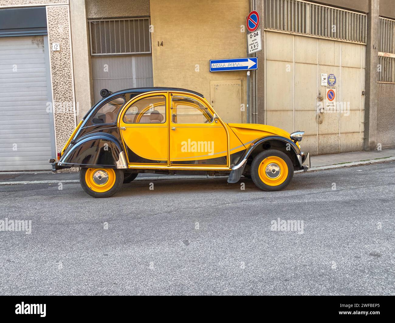 Cremona, Italy - June 25 2023 Citroen 2cv Charleston limited edition black yellow 40 anniversary parked in the street Stock Photo