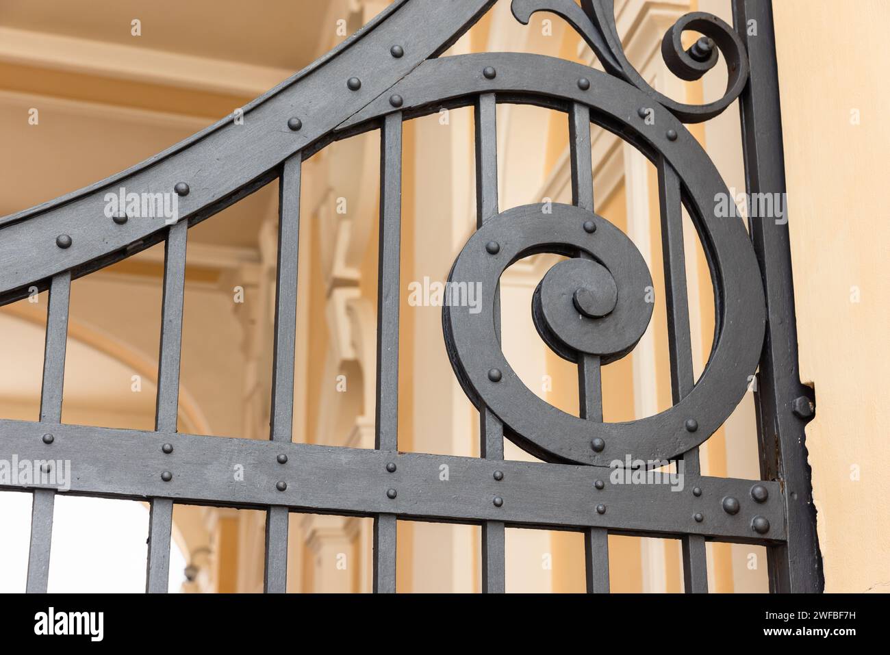 Vintage black forged gate details, close-up photo with selective focus ...