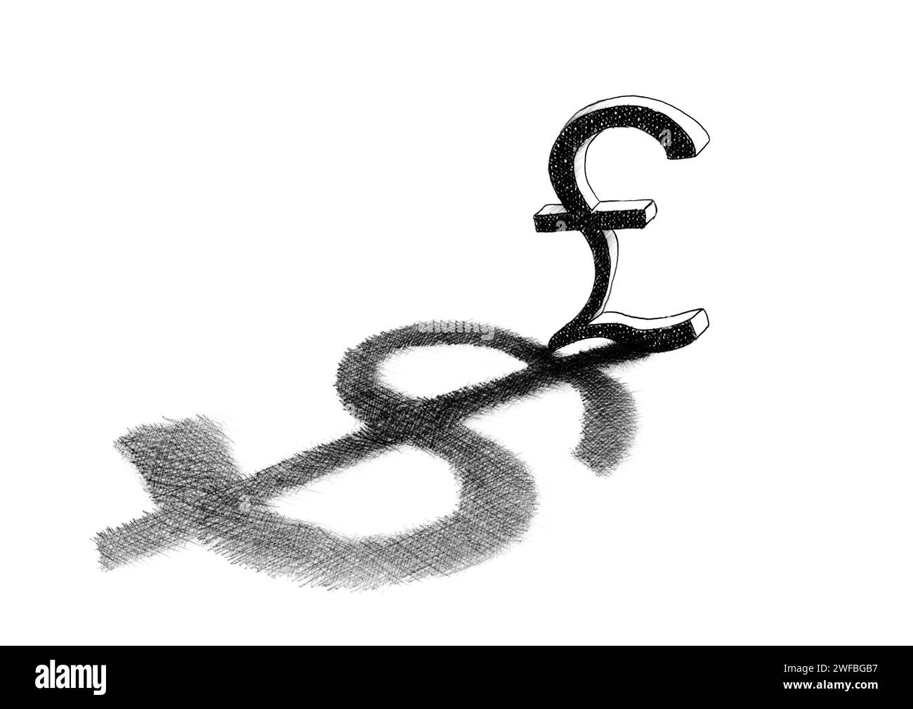 Hand drawn British pound sterling currency sign casting a US dollar shadow. Finance metaphor for dependency, financial domination, debt, loan, forex, Stock Photo